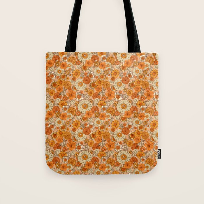 70s retro vintage daisies, flowers, orange, peach Tote Bag