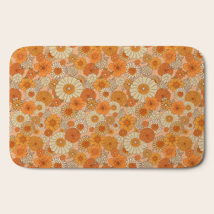 70s retro vintage daisies, flowers, orange, peach Bath Mat