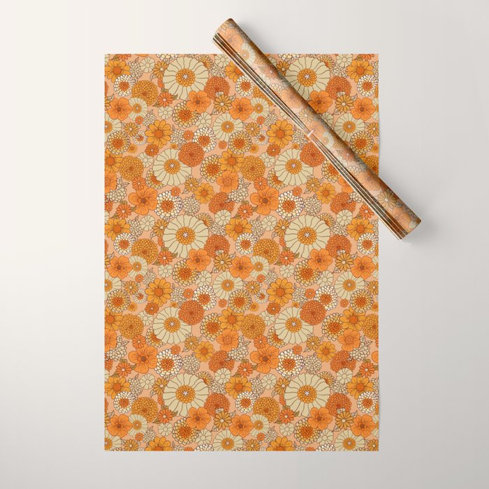 70s retro vintage daisies, flowers, orange, peach Wrapping Paper