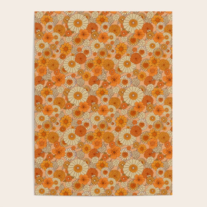 70s retro vintage daisies, flowers, orange, peach Poster