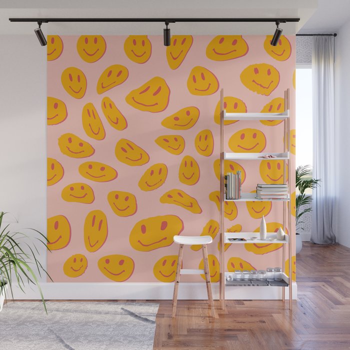 70s retro yellow smile face illustration  Wall Mural