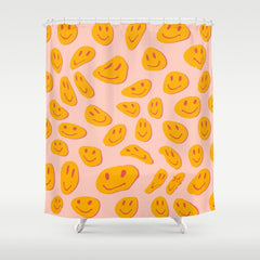 70s retro yellow smile face illustration  Shower Curtain