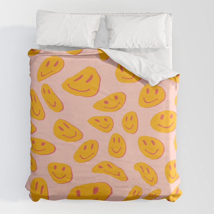 70s retro yellow smile face illustration  Duvet Cover