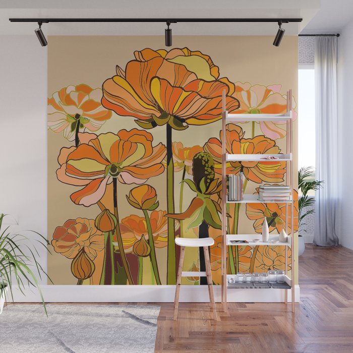 70s, Orange California poppies, mid century, 70s retro, flowers Wall Mural