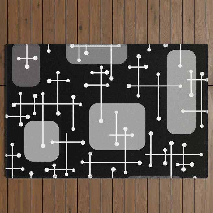 1950s Eames Era Art Crosshairs Black White Outdoor Rug