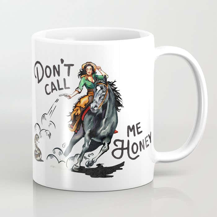 "Don't Call Me Honey" Cowgirl On Horseback Shooting a Rattlesnake Coffee Mug