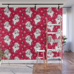 Tis The Season Retro Santa Red White Pattern Wall Mural