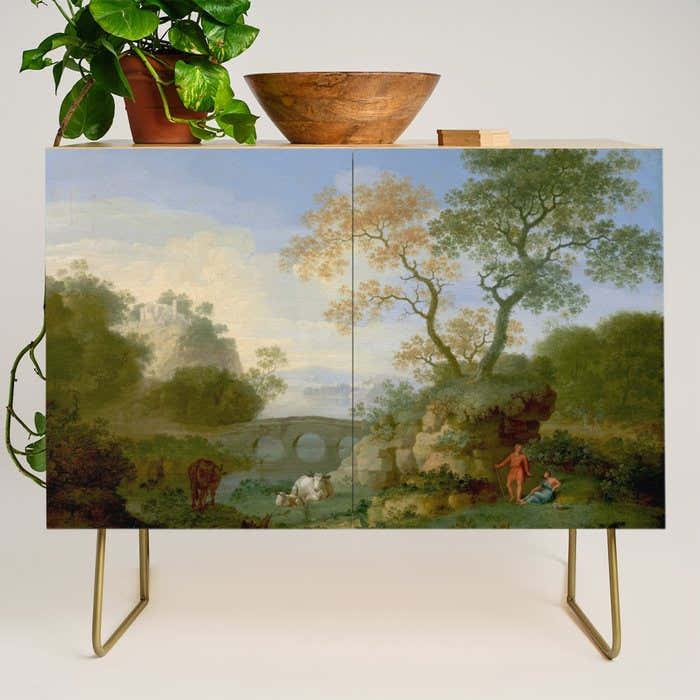 A Landscape with Distant Classical Ruins, a Bridge, Figures, and Cattle Credenza