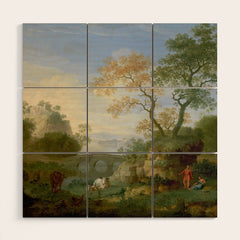 A Landscape with Distant Classical Ruins, a Bridge, Figures, and Cattle Wood Wall Art