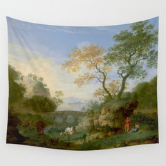 A Landscape with Distant Classical Ruins, a Bridge, Figures, and Cattle Wall Tapestry