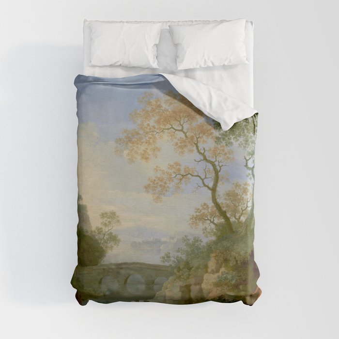 A Landscape with Distant Classical Ruins, a Bridge, Figures, and Cattle Duvet Cover