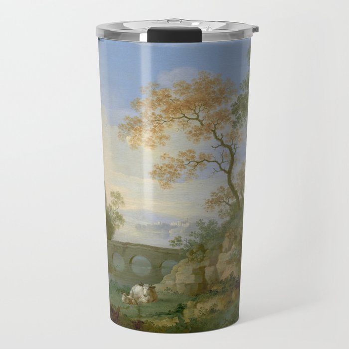 A Landscape with Distant Classical Ruins, a Bridge, Figures, and Cattle Travel Mug