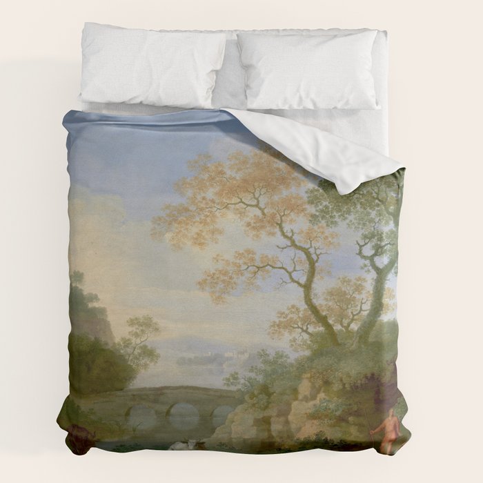 A Landscape with Distant Classical Ruins, a Bridge, Figures, and Cattle Duvet Cover