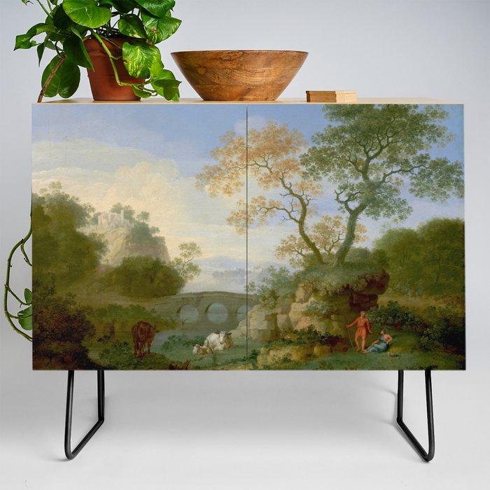 A Landscape with Distant Classical Ruins, a Bridge, Figures, and Cattle Credenza