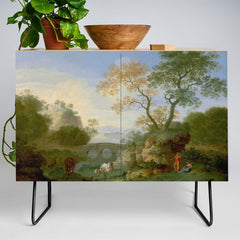 A Landscape with Distant Classical Ruins, a Bridge, Figures, and Cattle Credenza