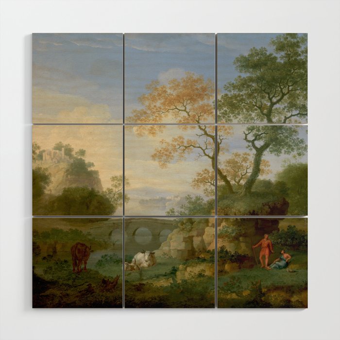 A Landscape with Distant Classical Ruins, a Bridge, Figures, and Cattle Wood Wall Art