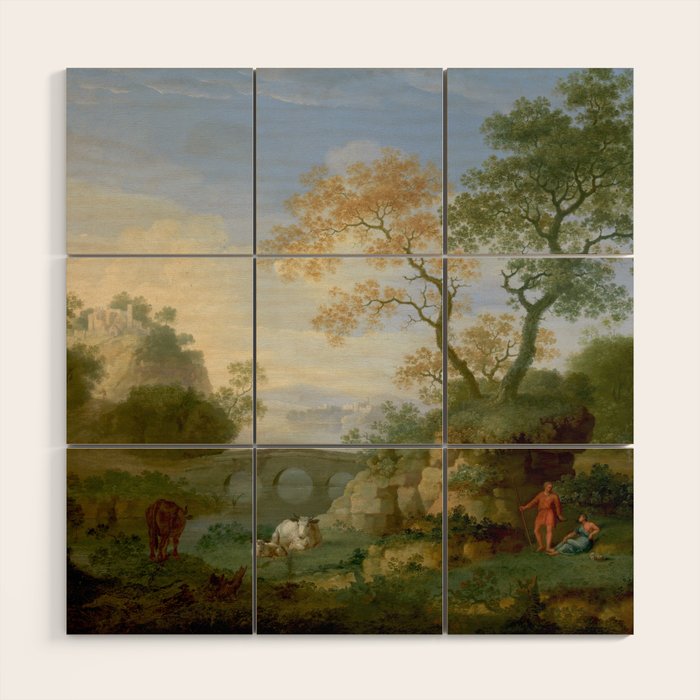 A Landscape with Distant Classical Ruins, a Bridge, Figures, and Cattle Wood Wall Art