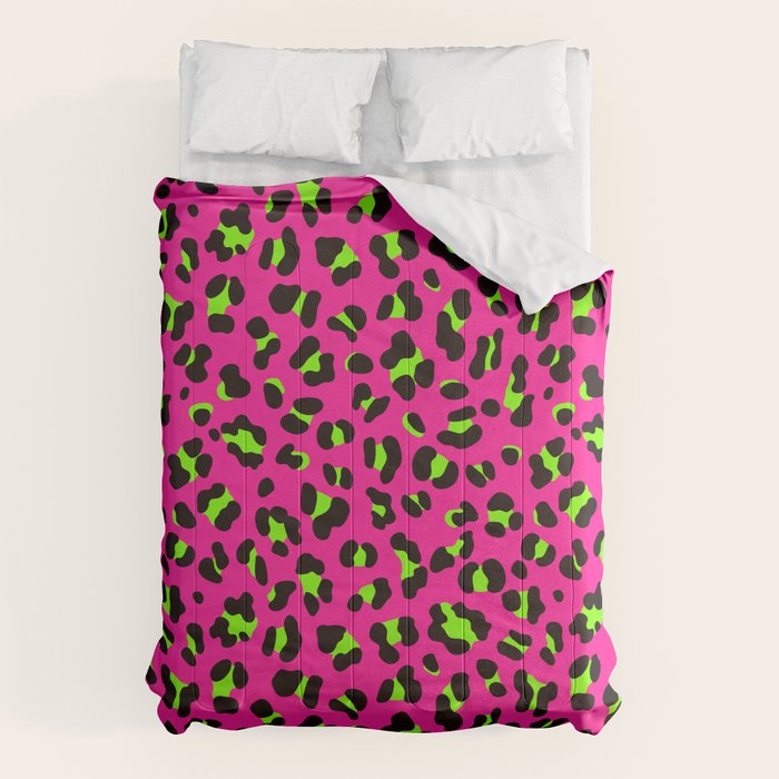 80s Neon Pink and Lime Green Leopard Comforter
