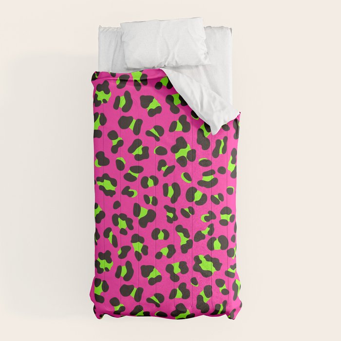 80s Neon Pink and Lime Green Leopard Comforter