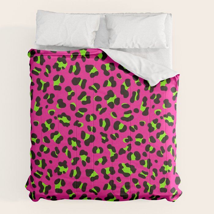 80s Neon Pink and Lime Green Leopard Comforter
