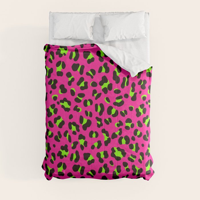 80s Neon Pink and Lime Green Leopard Comforter