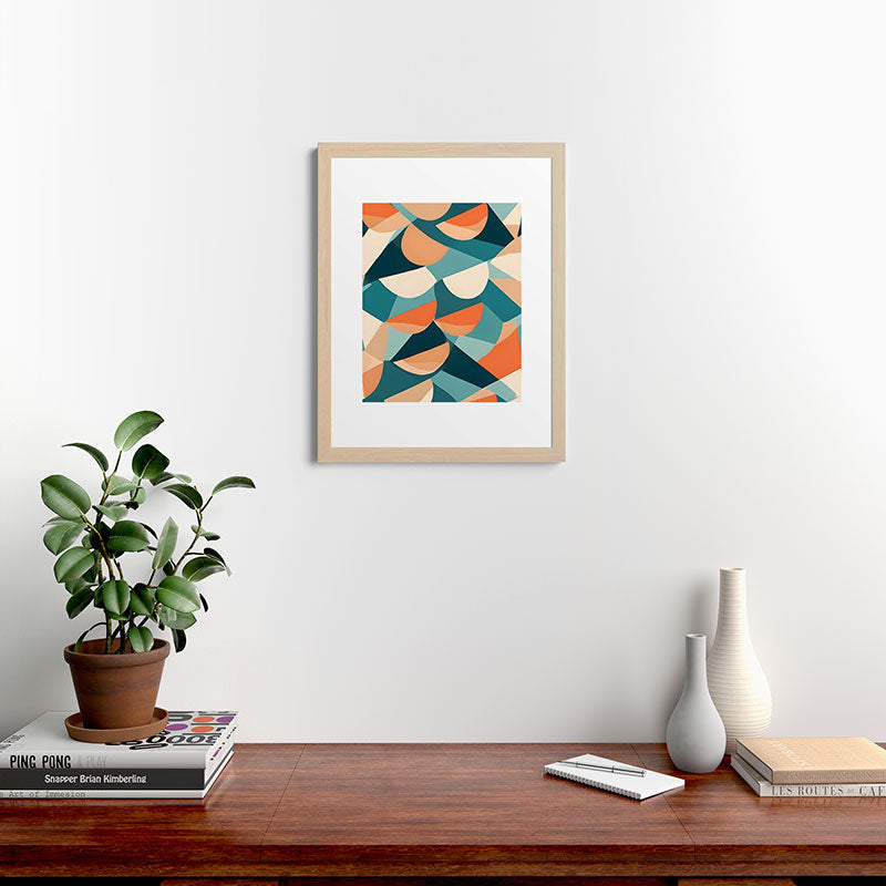 1/4 Cut, Abstract Fresh Fruits Citrus, Orange Lemon Illustration Scandinavian, Pastel Geometric Shapes eclectic Contemporary Modern Boho Framed Art Print