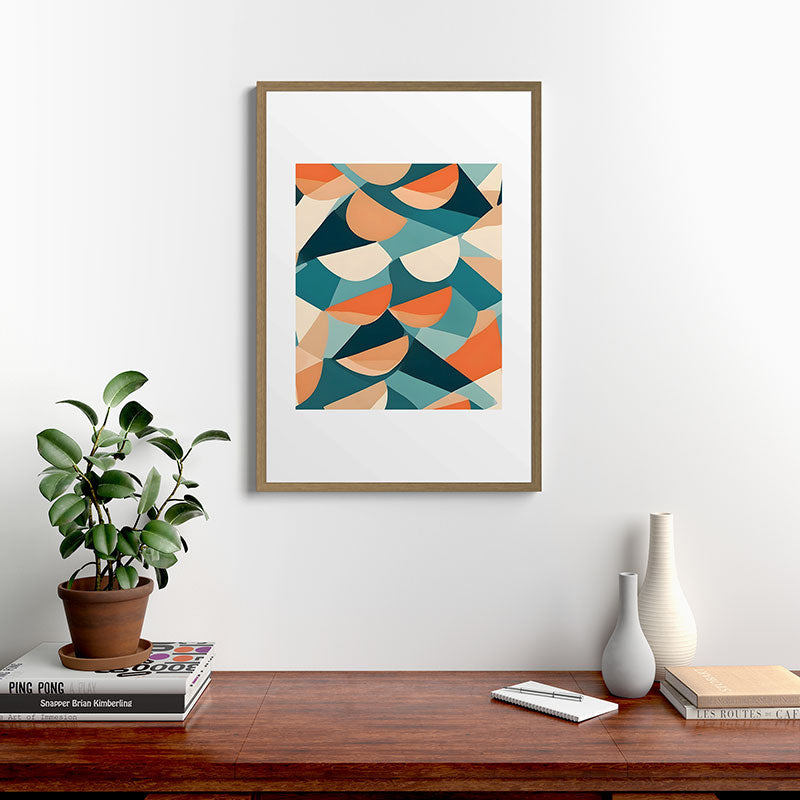 1/4 Cut, Abstract Fresh Fruits Citrus, Orange Lemon Illustration Scandinavian, Pastel Geometric Shapes eclectic Contemporary Modern Boho Framed Art Print