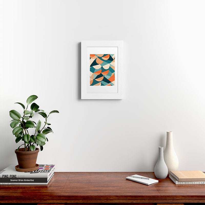1/4 Cut, Abstract Fresh Fruits Citrus, Orange Lemon Illustration Scandinavian, Pastel Geometric Shapes eclectic Contemporary Modern Boho Framed Art Print