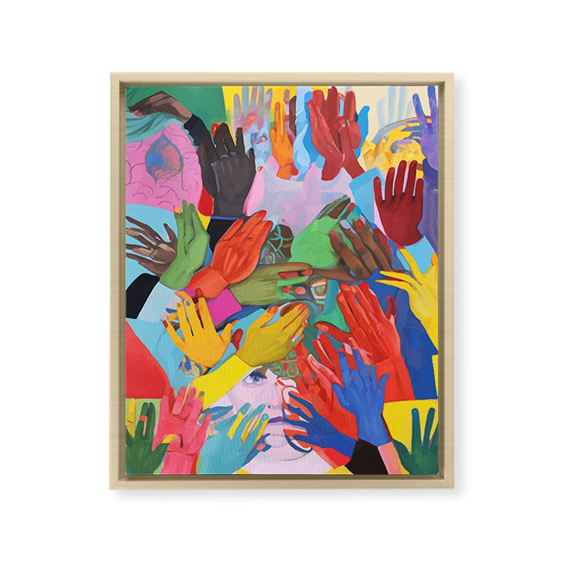 A Hand Is All We Need, Abstract Human Face Community, Humanity People Colorful Concept Positivity Framed Canvas Print