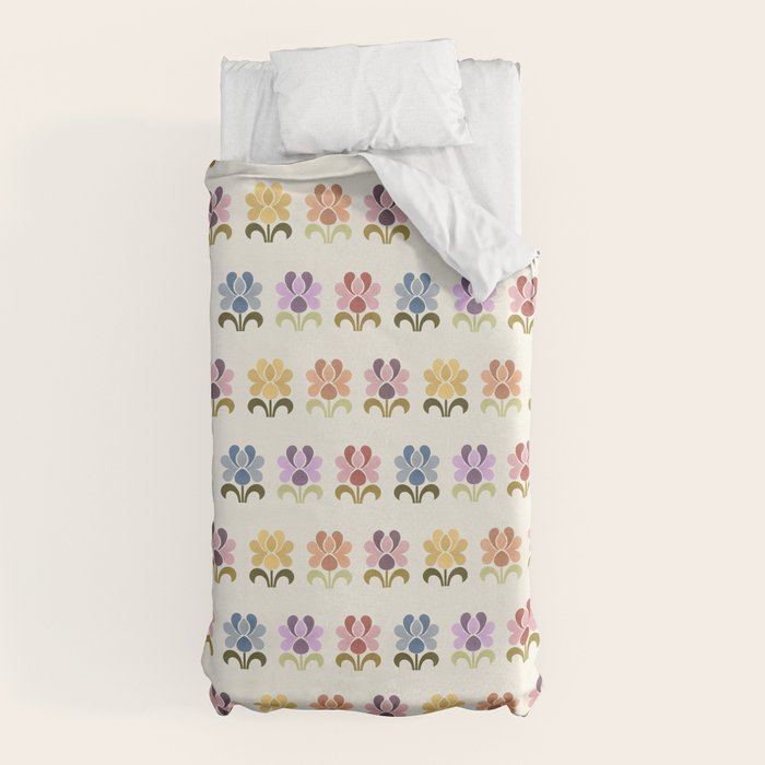 70s Retro Florals Pattern with Linen Texture Duvet Cover
