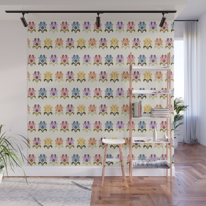 70s Retro Florals Pattern with Linen Texture Wall Mural