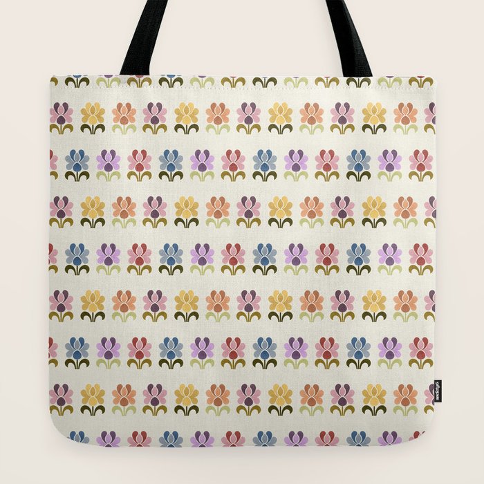 70s Retro Florals Pattern with Linen Texture Tote Bag
