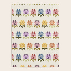 70s Retro Florals Pattern with Linen Texture Poster