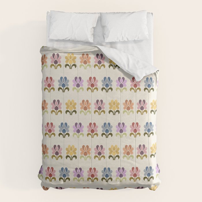 70s Retro Florals Pattern with Linen Texture Comforter