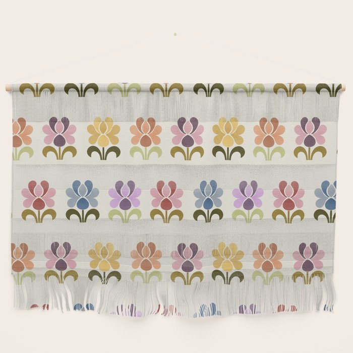 70s Retro Florals Pattern with Linen Texture Wall Hanging