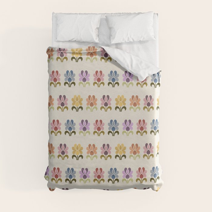 70s Retro Florals Pattern with Linen Texture Duvet Cover