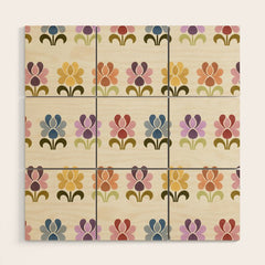 70s Retro Florals Pattern with Linen Texture Wood Wall Art