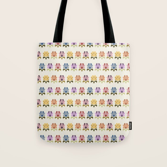 70s Retro Florals Pattern with Linen Texture Tote Bag