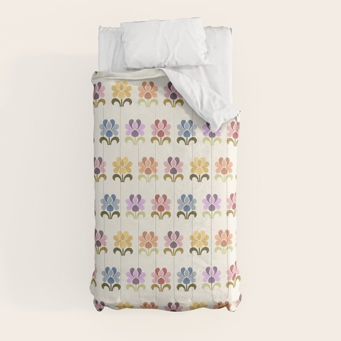 70s Retro Florals Pattern with Linen Texture Comforter