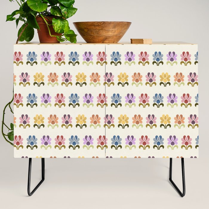 70s Retro Florals Pattern with Linen Texture Credenza