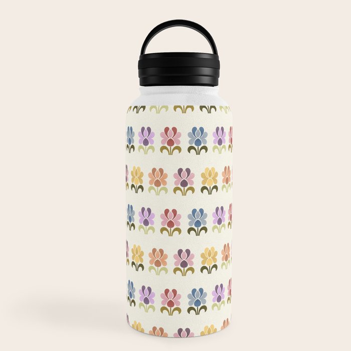 70s Retro Florals Pattern with Linen Texture Water Bottle