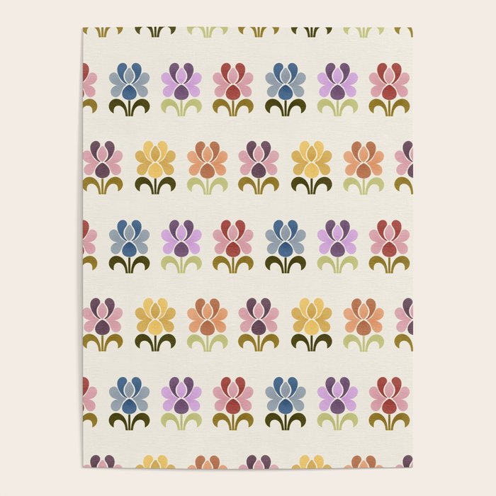 70s Retro Florals Pattern with Linen Texture Poster