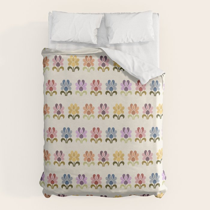 70s Retro Florals Pattern with Linen Texture Duvet Cover