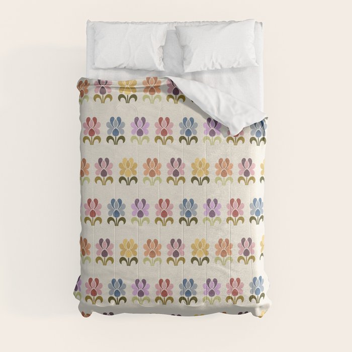 70s Retro Florals Pattern with Linen Texture Comforter