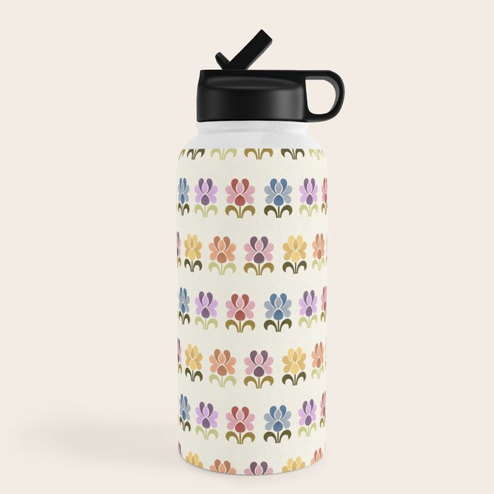 70s Retro Florals Pattern with Linen Texture Water Bottle