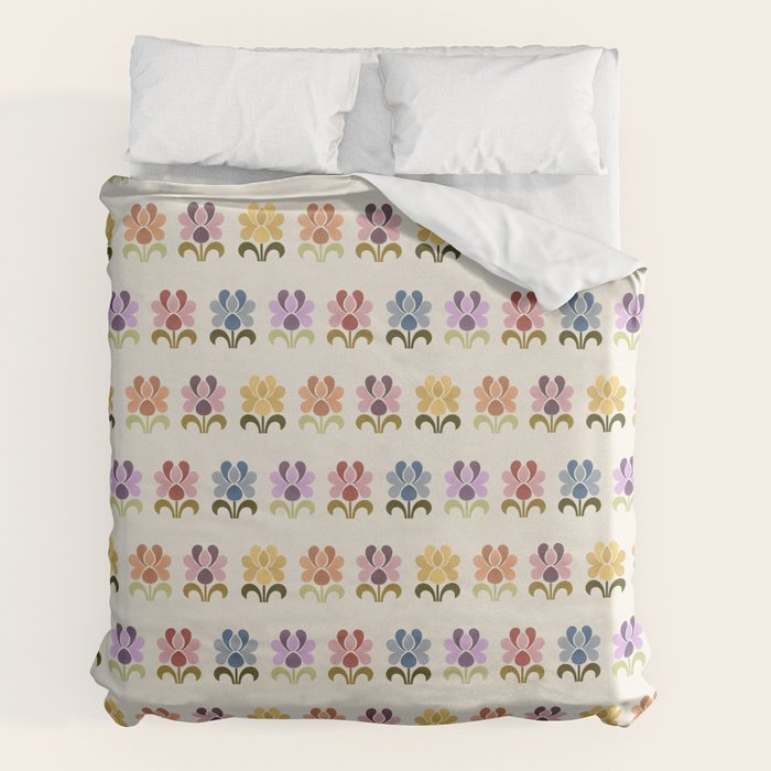 70s Retro Florals Pattern with Linen Texture Duvet Cover