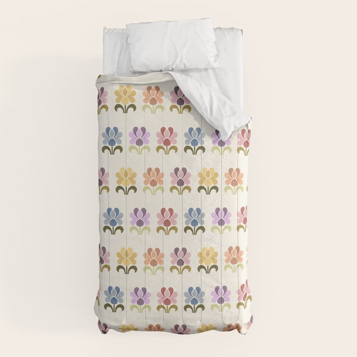 70s Retro Florals Pattern with Linen Texture Comforter