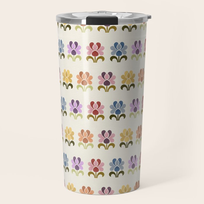 70s Retro Florals Pattern with Linen Texture Travel Mug