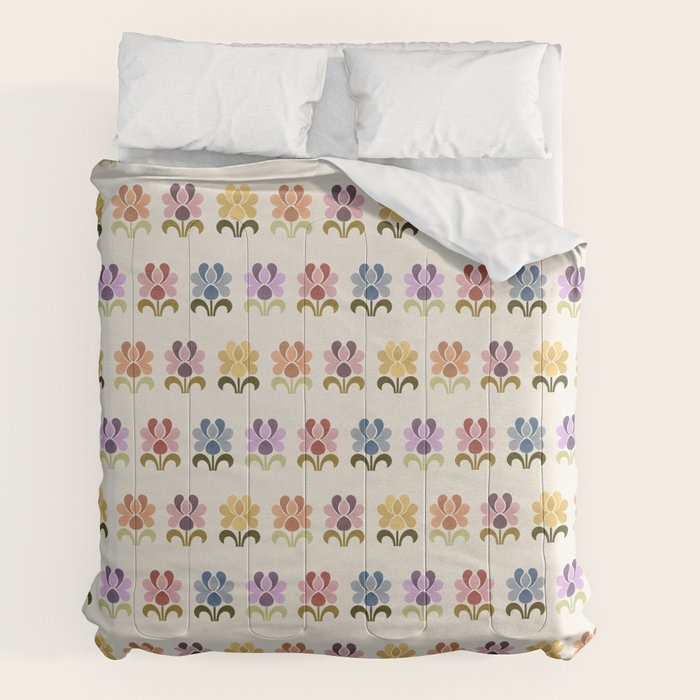 70s Retro Florals Pattern with Linen Texture Comforter