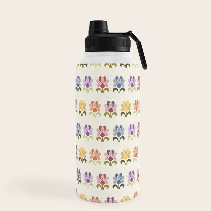 70s Retro Florals Pattern with Linen Texture Water Bottle